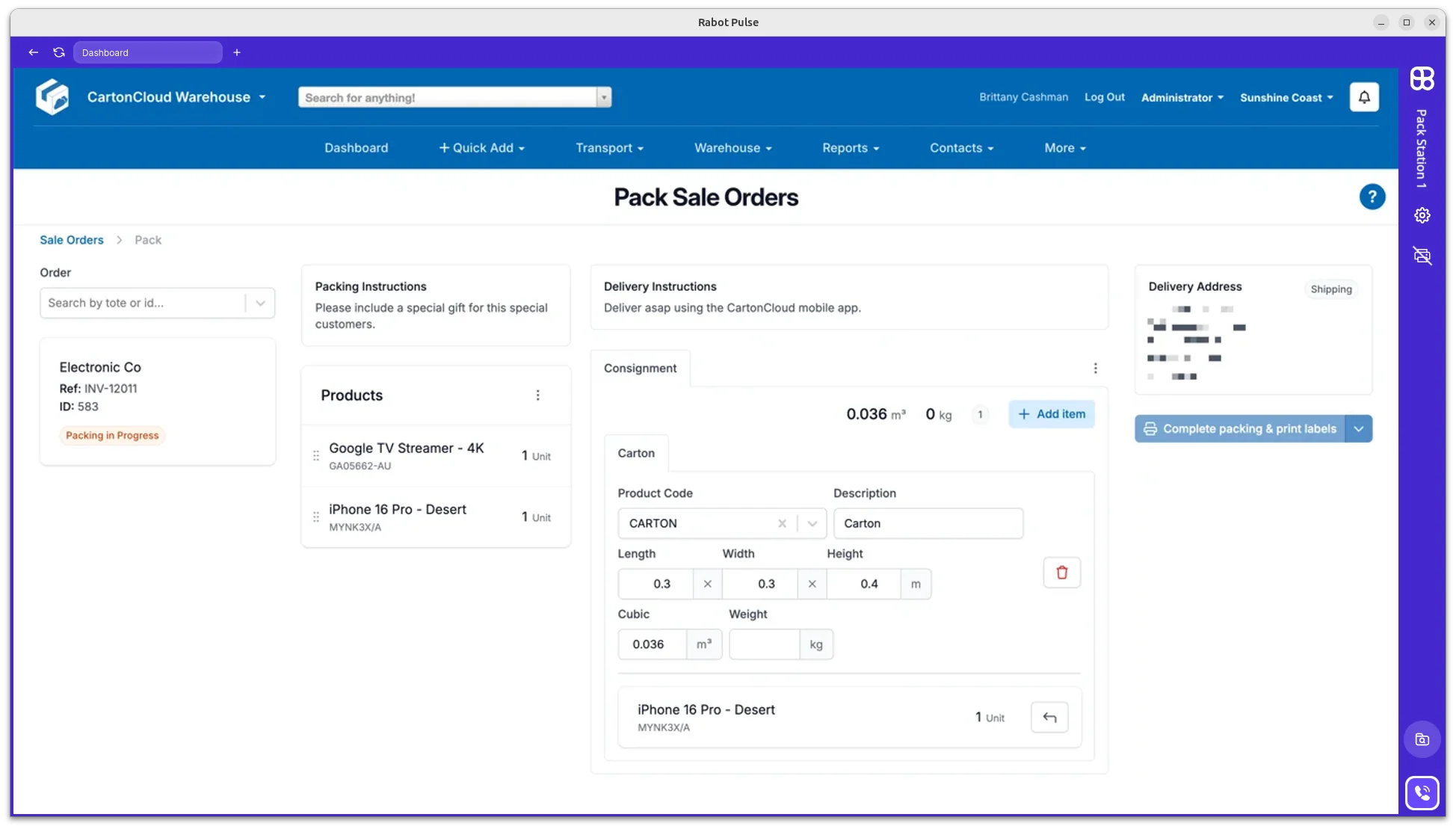 Pulse with CartonCloud pack UI embedded