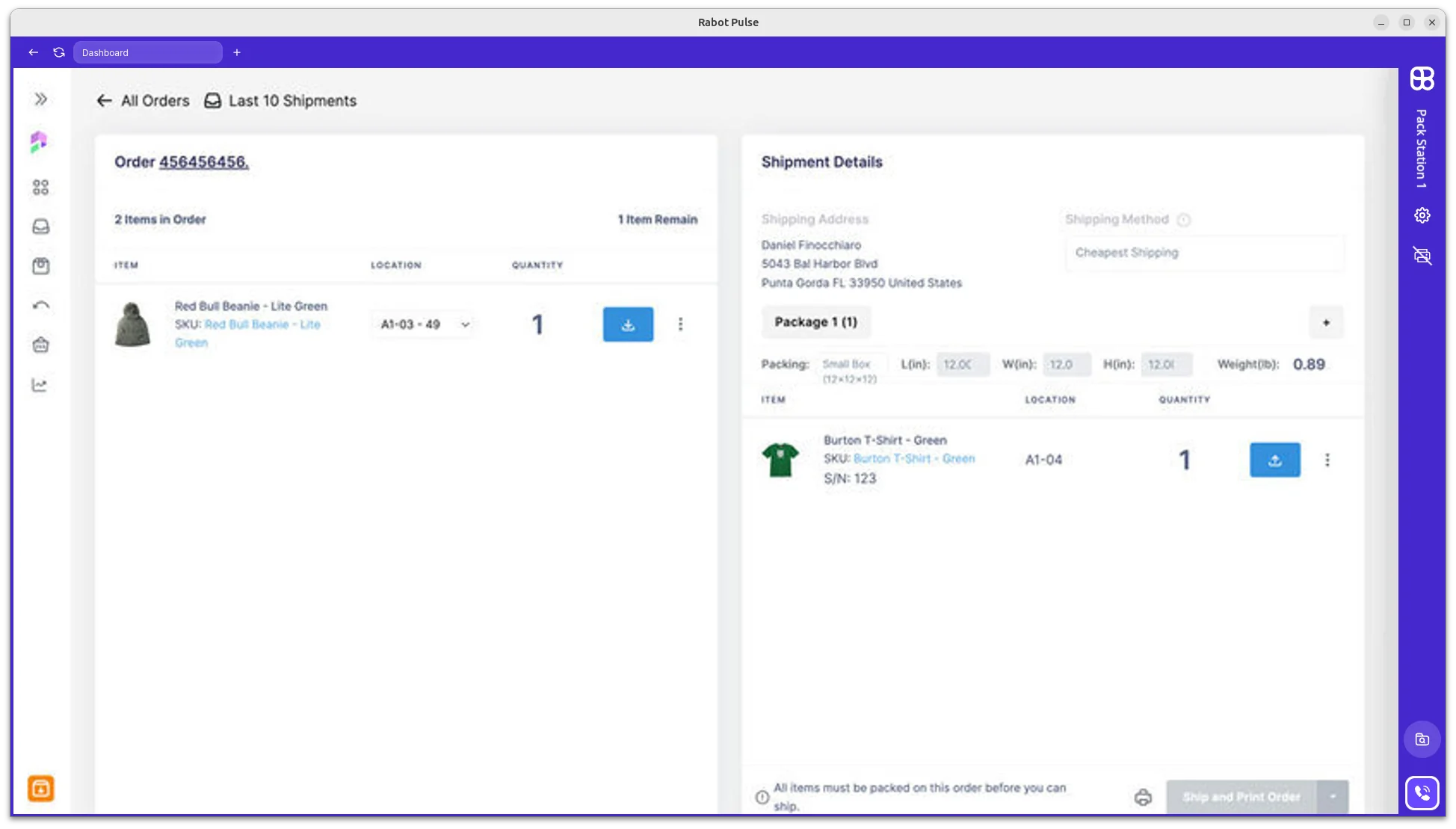 Pulse with Packiyo pack UI embedded